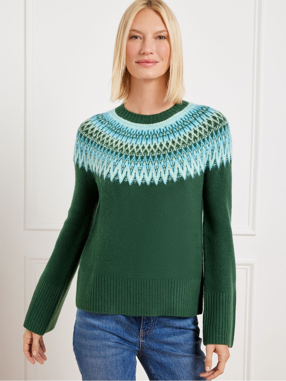 NWT Talbots Joyful Green Fair Isle Crewneck Sweater